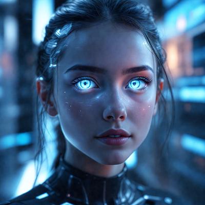 The primary subject of the image is a woman with blue eyes and a black outfit. She is wearing a black shirt and has a blue-eyed look. The setting is a futuristic environment, possibly a futuristic city or a space station. The visual style is a digital art or illustration, giving the image a unique and intriguing appearance. The colors and mood of the image are predominantly dark and mysterious, with the blue eyes of the woman being the main focal point.